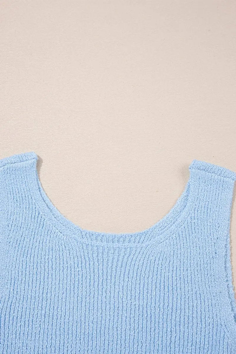Beau Blue Horizontal Ribbing Patchwork Swing Sweater Tank Top - Love Salve